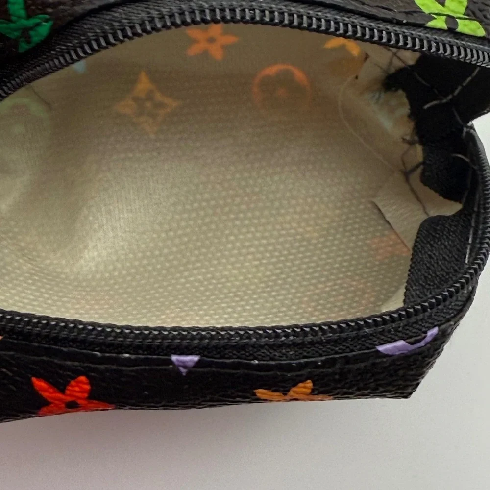 Monogram Coin Pouch Keychain Holder Multi Color‎ Flowers Black